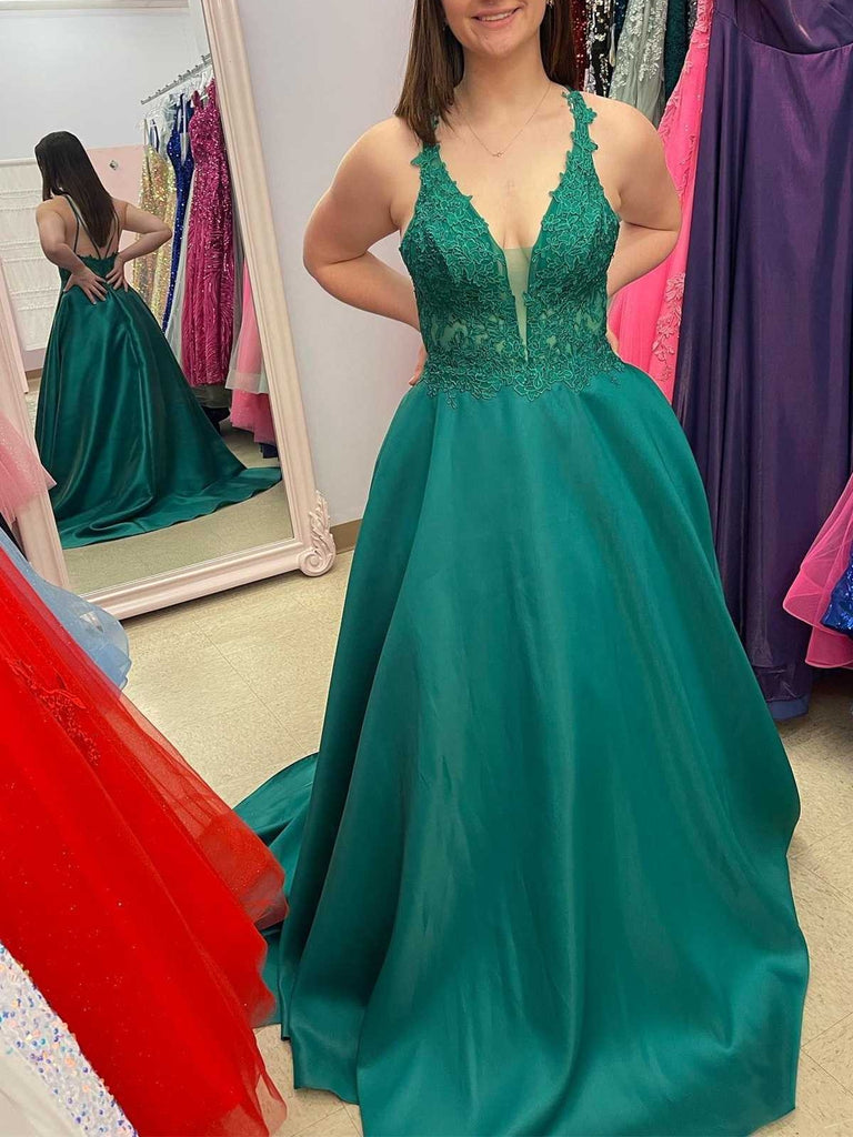 V Neck Backless Green Lace Long Prom Dresses, Green Lace Formal Dresses, Green Evening Dresses SP2576