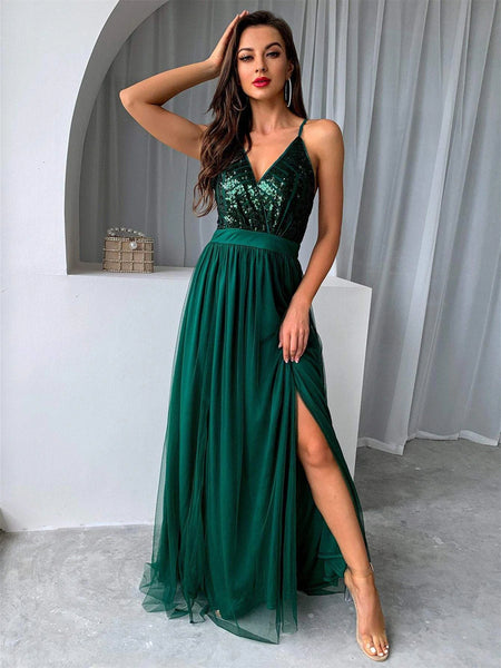 V Neck Backless Green Long Prom Dresses with Sequins Top, Backless Green Formal Graduation Evening Dresses SP2398