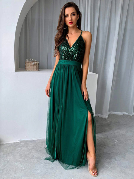 V Neck Backless Green Long Prom Dresses with Sequins Top, Backless Green Formal Graduation Evening Dresses SP2398