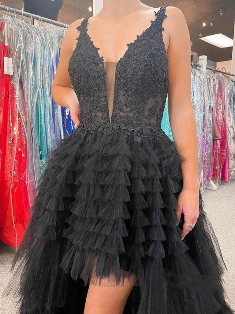 V Neck Backless High Low Beaded Black Lace Long Prom Dresses, Backless Shiny Party V Neck Backless High Low Beaded Black Lace Long Prom Dresses, Backless Shiny Party
