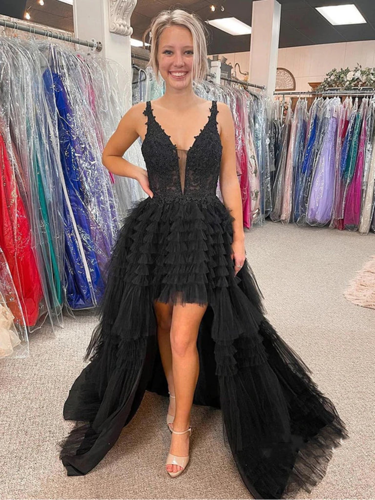 V Neck Backless High Low Beaded Black Lace Long Prom Dresses, Backless Shiny Party V Neck Backless High Low Beaded Black Lace Long Prom Dresses, Backless Shiny Party