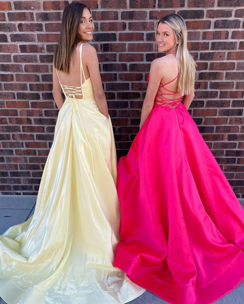V Neck Backless High Slit Yellow/Hot Pink Long Prom Dresses with Pockets, Yellow/Hot Pink Formal Graduation Evening Dresses