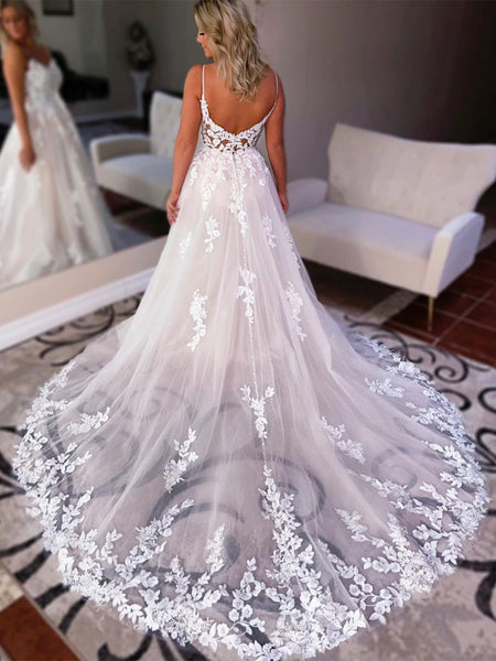 V Neck Backless Ivory Lace Long Prom Wedding Dresses, Ivory Lace Formal Graduation Evening Dresses SP2369