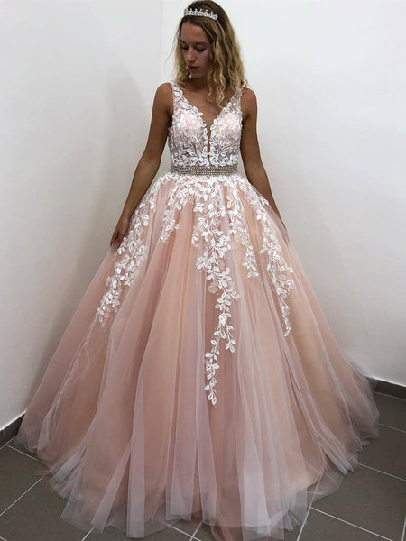 V Neck Backless Long Pink Lace Prom Dresses, Pink Lace Formal Dresses, Pink Evening Dresses