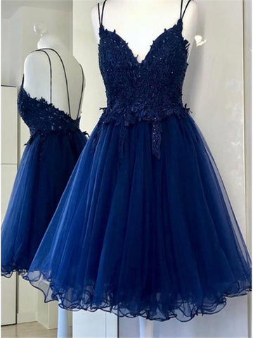 V Neck Backless Navy Blue Lace Prom Dresses, Short Navy Blue Lace Homecoming Dresses, Navy Blue Formal Evening Dresses