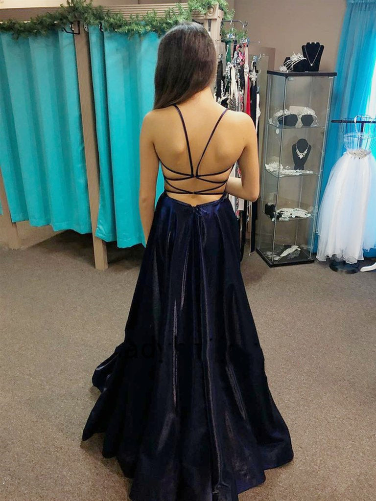 V Neck Backless Navy Blue Satin Long Prom Dresses, Long Dark Blue Form Shiny Party V Neck Backless Navy Blue Satin Long Prom Dresses, Long Dark Blue Form Shiny Party