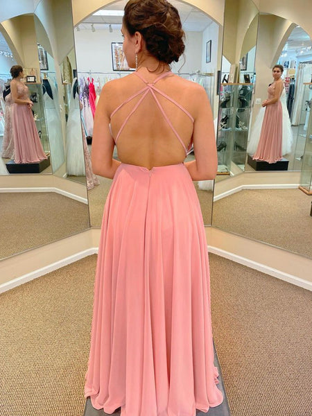 V Neck Backless Pink Lace Long Prom Dresses with Slit, Pink Lace Tulle Bridesmaid Dresses, Pink Formal Graduation Evening Dresses SP2357