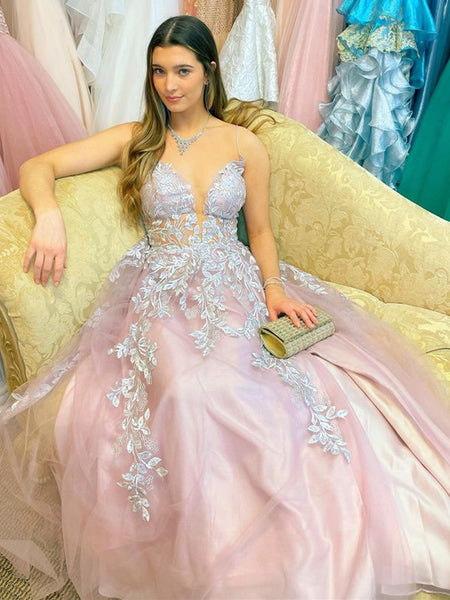 V Neck Backless Pink Long Prom Dresses with Lace Appliques, Pink Lace Formal Dresses, Long Pink Tulle Evening Dresses SP2363