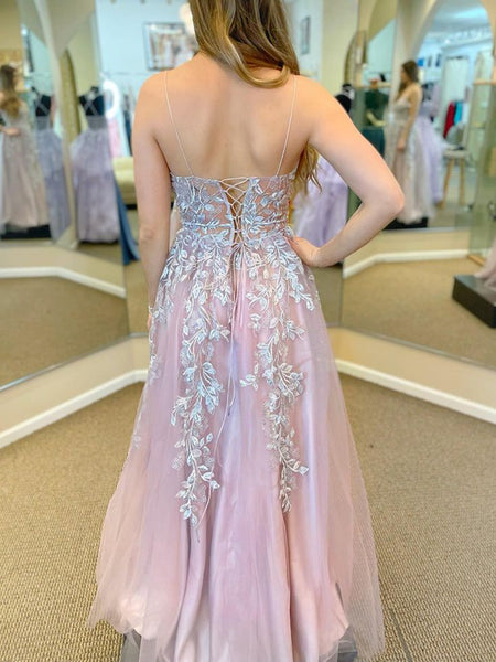 V Neck Backless Pink Long Prom Dresses with Lace Appliques, Pink Lace Formal Dresses, Long Pink Tulle Evening Dresses SP2363