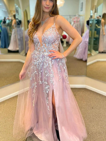 A Line V Neck Beaded Pink Lace Floral Long Prom Dress, Pink Lace Formal  Dress, Pink Evening Dress A1568