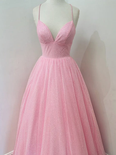 V Neck Backless Pink Sequins Long Prom Dresses, Backless Pink Formal Dresses, Sparkly Pink Evening Dresses