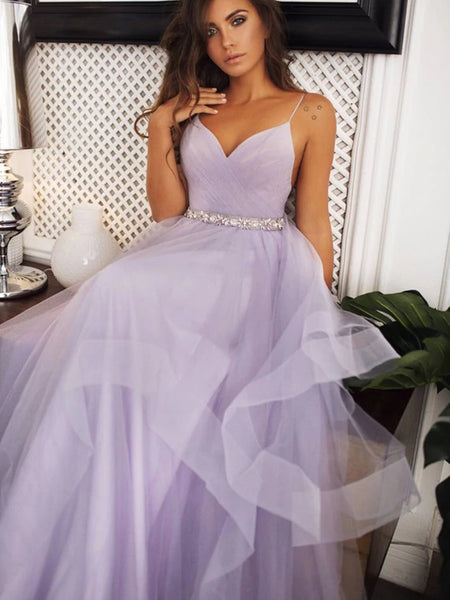 V Neck Backless Purple Tulle Long Prom Dresses with Belt, Backless Purple Formal Graduation Evening Dresses EP2300