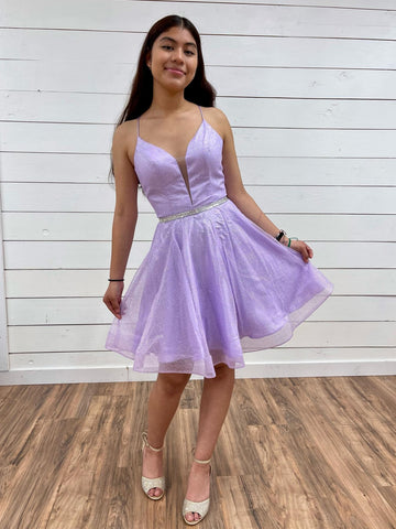 V Neck Backless Purple Tulle Prom Dresses with Belt, Backless Purple Homecoming Dresses, Short Lilac Formal Evening Dresses SP2452