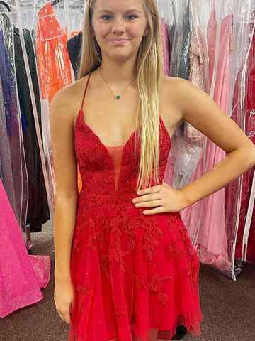V Neck Backless Red Lace Prom Dresses, Red Lace Homecoming Dresses, Short Red Formal Evening Dresses SP2488