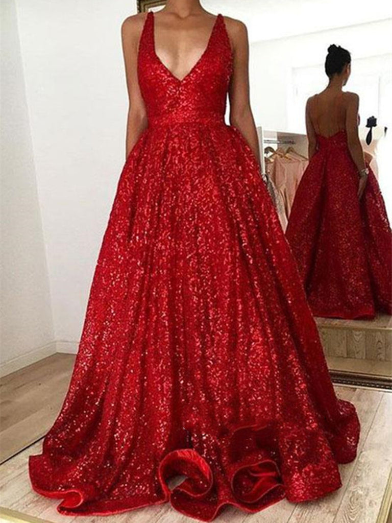 V Neck Backless Red Prom Dress With Sequins, Red Backless Formal Dress Shiny Party V Neck Backless Red Prom Dress With Sequins, Red Backless Formal Dress Shiny Party