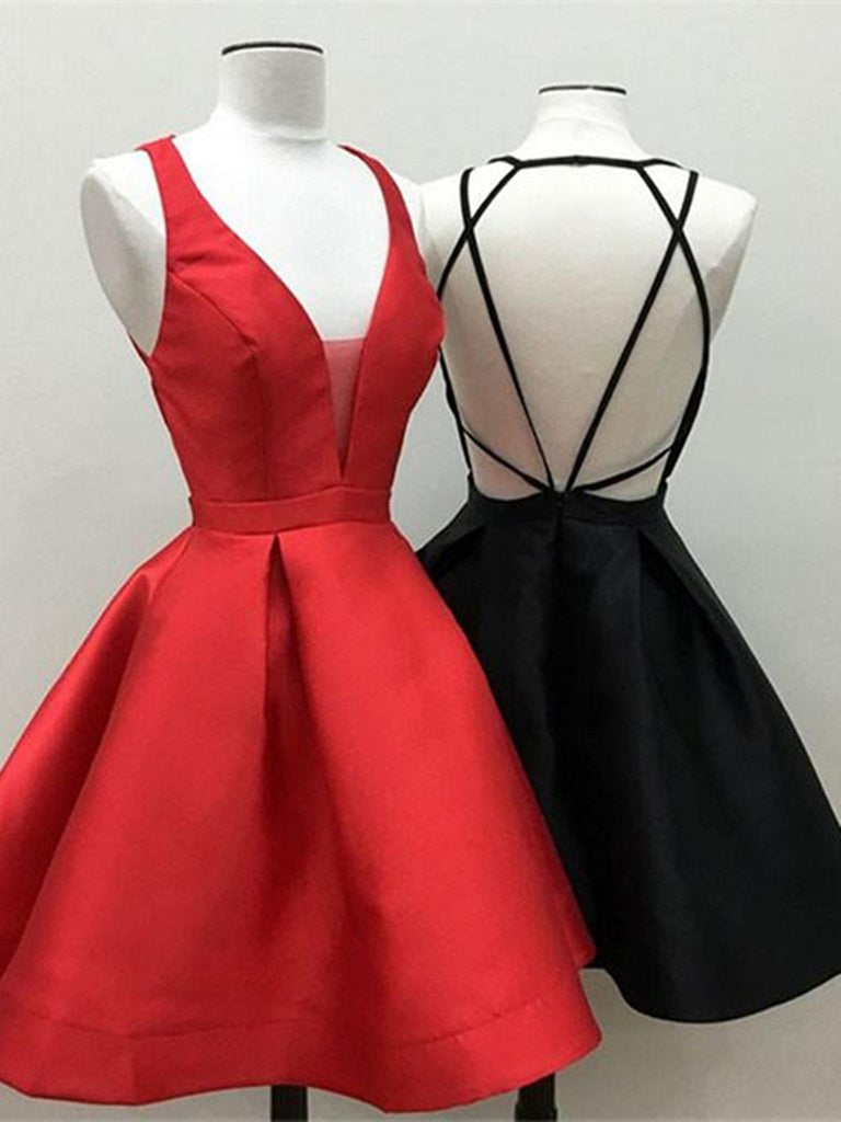 V Neck Backless Short Red/Black Prom Dresses, Open Back Red/Black Homecoming Dresses, Red/Black Formal Evening Dresses