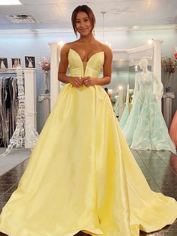 V Neck Backless Strapless Yellow Long Prom Dresses, Backless Yellow Formal Graduation Evening Dresses SP2278