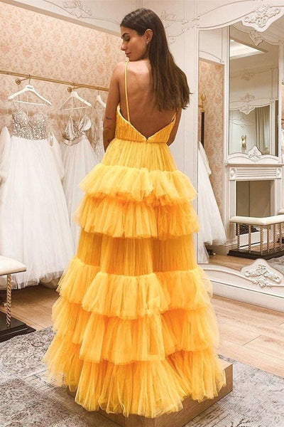 V Neck Backless Yellow Tulle Layered Long Prom Dresses, Layered Yellow Formal Evening Dresses