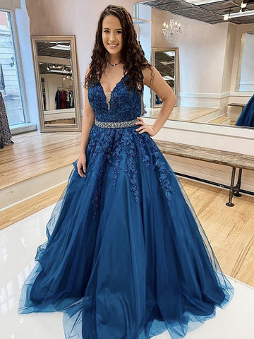 V Neck Beaded Blue Lace Floral Long Prom Dresses, Blue Lace Formal Evening Dresses with Appliques SP2212