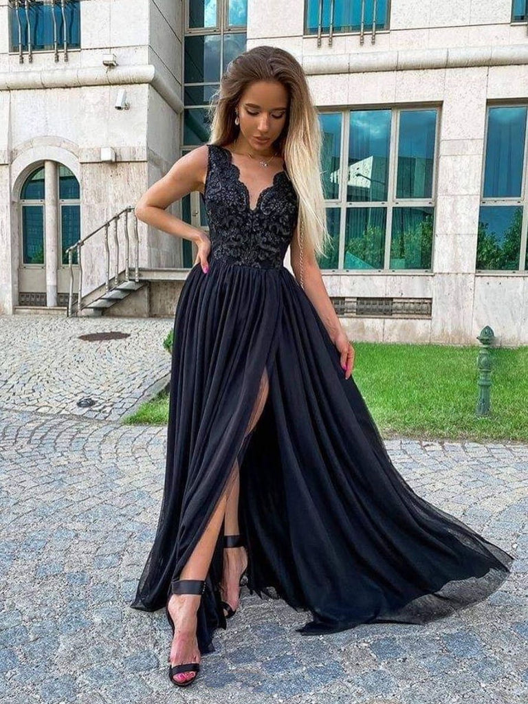 V Neck Black Lace Long Prom Dresses with High Slit, Black Lace Formal Shiny Party V Neck Black Lace Long Prom Dresses with High Slit, Black Lace Formal Shiny Party