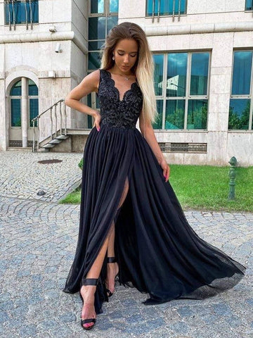 V Neck Black Lace Long Prom Dresses with High Slit, Black Lace Formal Graduation Evening Dresses SP2385