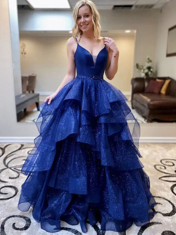 V Neck Blue Tulle Layered Long Prom Dresses with Belt, Long Blue Formal Evening Dresses, Ball Gown SP2524