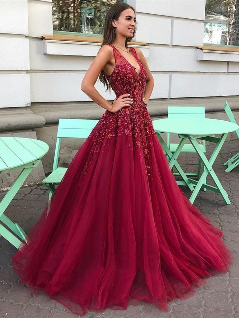V Neck Burgundy Floral Long Prom Dresses, 3D Flower Burgundy Long Form Shiny Party V Neck Burgundy Floral Long Prom Dresses, 3D Flower Burgundy Long Form Shiny Party
