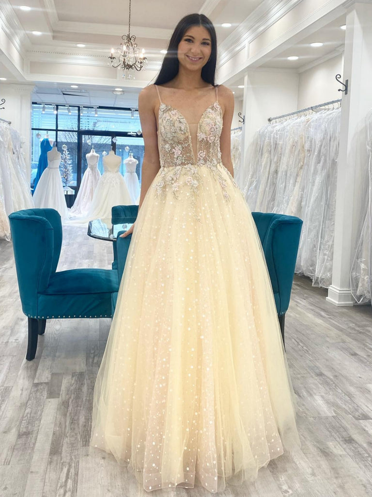 V Neck Champagne Tulle Lace Floral Long Prom Dresses, Champagne Formal Evening Dresses with Appliques SP2586