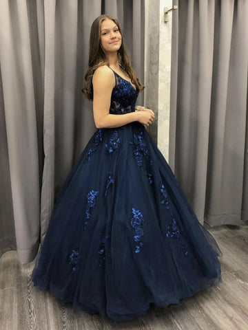 blue prom dress with black lace black and blue dresses for prom Dark Blue Tulle Sequin Long Prom Dress, Blue Tulle Formal Dress Custom Size / Dark Blue