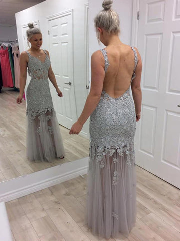 V Neck Floor Length Backless Mermaid Grey Lace Appliques Long Prom Dresses, Mermaid Grey Lace Formal Evening Dresses