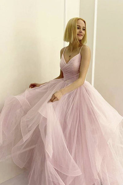 V Neck Fluffy Pink Long Prom Dresses, V Neck Pink Formal Evening Dresses, Pink Ball Gown
