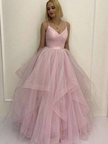 V Neck Fluffy Pink Long Prom Dresses, V Neck Pink Formal Evening Dresses, Pink Ball Gown