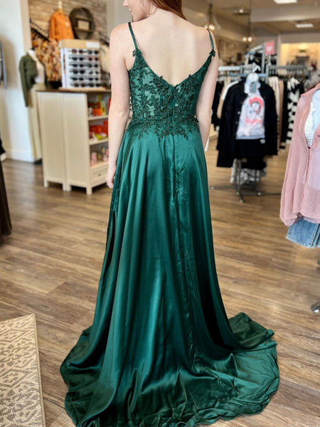 V Neck Green Lace Long Prom Dresses with High Slit, Green Lace Formal Dresses, Green Evening Dresses SP2591