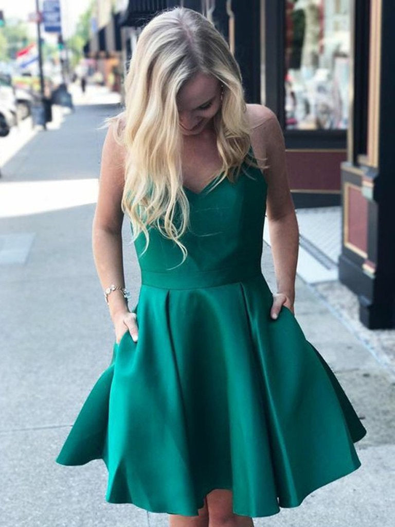 V Neck Green Satin Short Prom Dresses, Short Green Homecoming Graduation Dresses, Open Back Green Formal Evening Dresses V Neck Green Satin Short Prom Dresses, Short Green Homecoming Graduation Dresses, Open Back Green Formal Evening Dresses