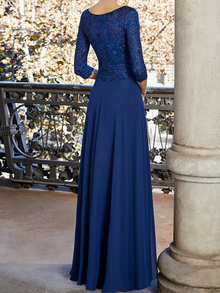 V Neck Half Sleeves Blue Lace Long Prom Dresses, Blue Chiffon Formal Dresses, Blue Evening Dresses SP2220