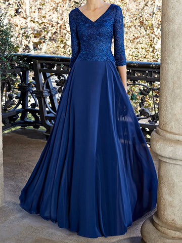 V Neck Half Sleeves Blue Lace Long Prom Dresses, Blue Chiffon Formal Dresses, Blue Evening Dresses SP2220