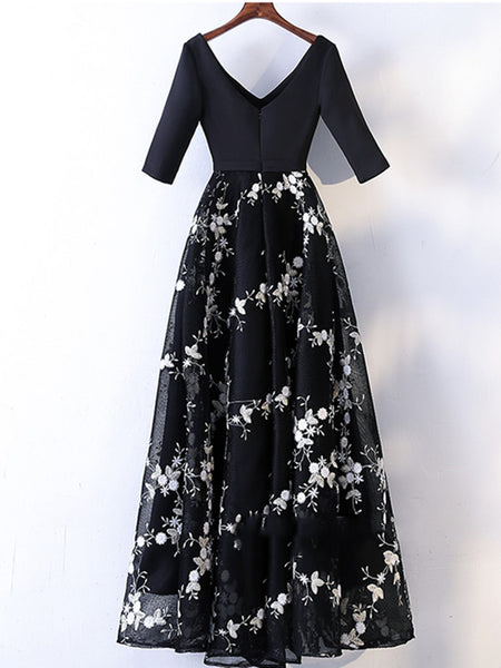 V Neck Half Sleeves Lace Black Prom Dress, V Neck Black Formal Dress, Black Evening Dress