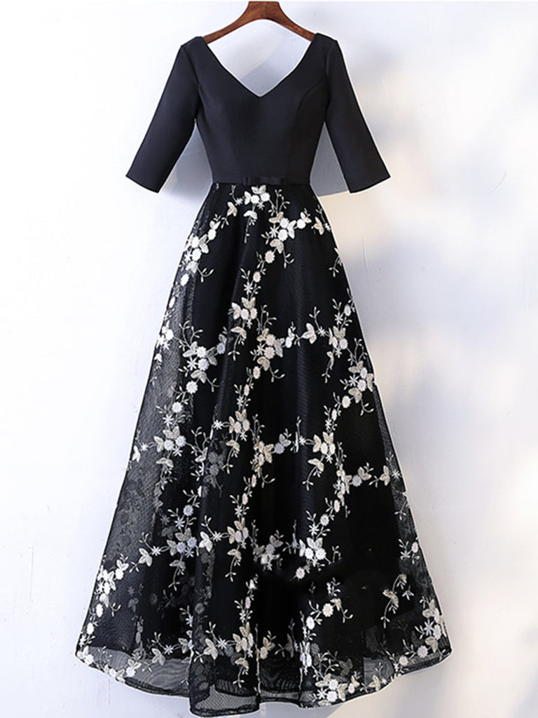 V Neck Half Sleeves Lace Black Prom Dress, V Neck Black Formal Dress, Black Evening Dress