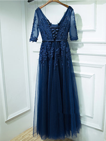 V Neck Half Sleeves Navy Blue Lace Prom Dress, Navy Blue Formal Dress, Lace Prom Dress