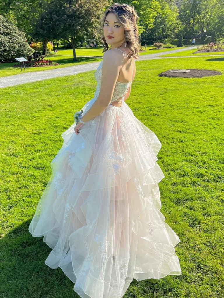 V Neck High Low Champagne Lace Long Prom Dresses, Light Champagne Lace – Shiny Party