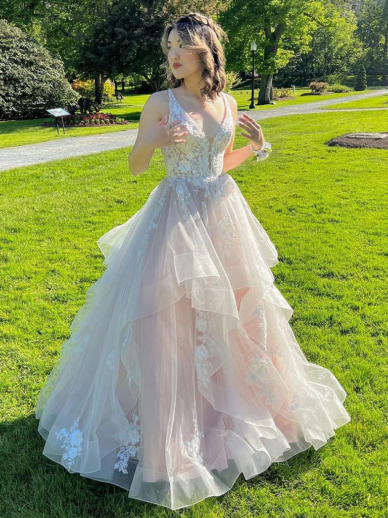 V Neck High Low Champagne Lace Long Prom Dresses, Light Champagne Lace Shiny Party V Neck High Low Champagne Lace Long Prom Dresses, Light Champagne Lace Shiny Party