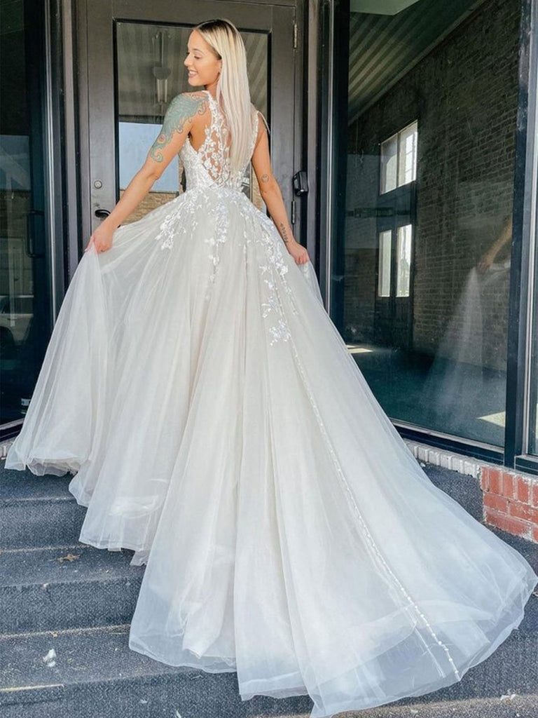 V Neck Ivory Lace Floral Long Prom Dresses with Train, Ivory Lace Wedding Dresses, Ivory Formal Evening Dresses SP2164 V Neck Ivory Lace Floral Long Prom Dresses with Train, Ivory Lace Wedding Dresses, Ivory Formal Evening Dresses SP2164