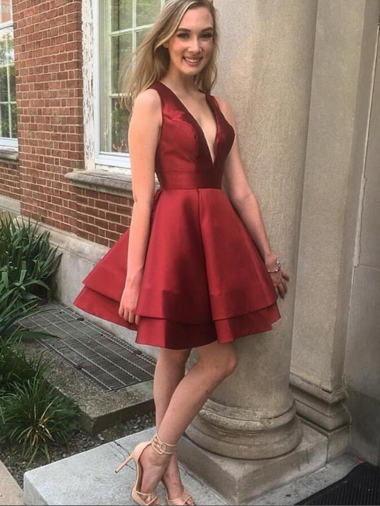 V Neck Layered Burgundy Satin Short Prom Dresses, V Neck Burgundy Home Shiny Party V Neck Layered Burgundy Satin Short Prom Dresses, V Neck Burgundy Home Shiny Party