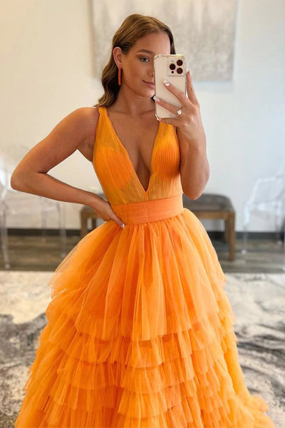 V Neck Layered Orange Tulle Long Prom Dresses, Orange Tulle Formal Evening Dresses SP2292