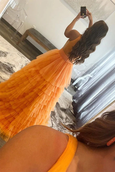 V Neck Layered Orange Tulle Long Prom Dresses, Orange Tulle Formal Evening Dresses SP2292