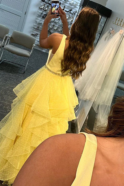 V Neck Layered Yellow Tulle Long Prom Dresses with Belt, V Neck Yellow Formal Graduation Evening Dresses SP2296