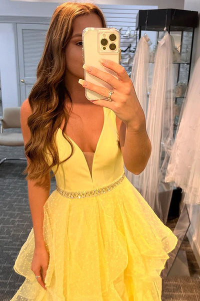 V Neck Layered Yellow Tulle Long Prom Dresses with Belt, V Neck Yellow Formal Graduation Evening Dresses SP2296