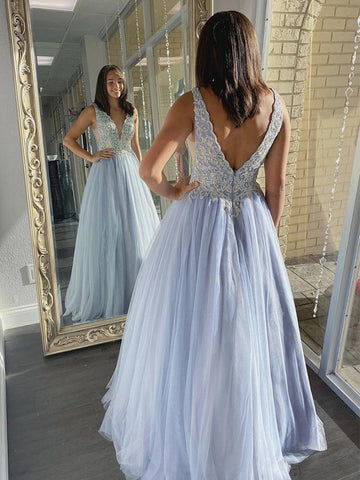 A Line V Neck Light Blue Lace Long Prom Dresses, Light Blue Lace Formal Dresses, Light Blue Evening Dresses