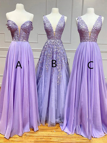 V Neck Lilac Lace Long Prom Dresses, Off Shoulder Lilac Formal Dresses, Lilac Lace Evening Dresses SP2377