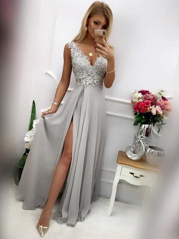 V Neck Long Grey Lace Prom Dresses with Slit, Grey Lace Long Formal Graduation Evening Dresses